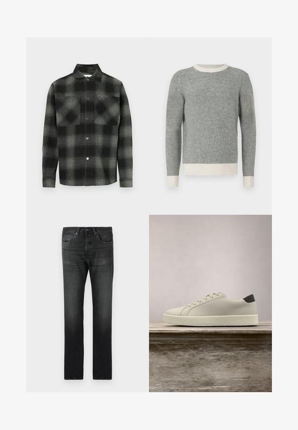 Pull rayé gris et crème avec un col rond côtelé et des poignets. Fabriqué en tissu texturé, offrant un design ajusté et des manches longues.; Chemise à carreaux dans des tons de noir et gris, avec une fermeture boutonnée à l'avant, deux poches poitrine et un col. Confectionnée dans un tissu texturé.; Jeans en denim noir avec une coupe droite. Caractéristiques des accents violets sur la taille et les poches, avec une finition délavée sur le tissu.; Baskets blanches avec semelle texturée et détail noir au talon, flottant au-dessus d'un banc en bois avec de hautes herbes vertes en arrière-plan.