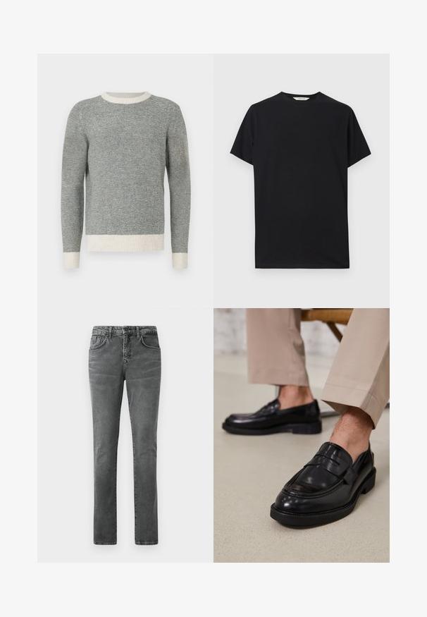Grau und creme gestreifter Pullover mit geripptem Rundhalsausschnitt und Bündchen. Hergestellt aus strukturierter Stoff, mit taillierter Passform und langen Ärmeln.; Schwarzes T-Shirt mit kurzen Ärmeln aus weichem Baumwollstoff. Rundhalsausschnitt mit lockerer Passform, das saubere, einfache Linien aufweist und keine sichtbaren Muster hat.; Graue Jeans aus Denim mit geradem Bein, Fünf-Taschen-Design, dezenter Ausbleichung und Gürtelschlaufen. Keine sichtbaren Logos oder Verzierungen.; Schwarze Lederloafers mit glatter Oberfläche, ausgestattet mit einem dekorativen Riemen und Kontrastnähten, kombiniert mit beigen Hosen.