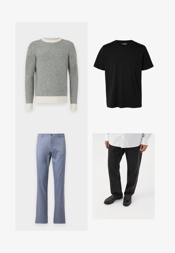 Grau und creme gestreifter Pullover mit geripptem Rundhalsausschnitt und Bündchen. Hergestellt aus strukturierter Stoff, mit taillierter Passform und langen Ärmeln.; Schlichtes schwarzes T-Shirt mit kurzen Ärmeln und Rundhalsausschnitt in Herrenform, ohne sichtbare Muster oder Logos auf der Vorderseite.; Helle blaue Baumwollhose mit geradem Schnitt, flachem Vorderteil, Gürtelschlaufen und einem einzigen Knopfverschluss an der Taille. Keine sichtbaren Muster.; Schwarze Jeans kombiniert mit glänzenden schwarzen Slippern. Das Hemd ist weiß mit dünnen vertikalen Streifen, hat lange Ärmel und einen geknöpften Kragen.