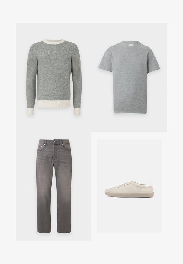 Pull rayé gris et crème avec un col rond côtelé et des poignets. Fabriqué en tissu texturé, offrant un design ajusté et des manches longues.; T-shirt gris uni à manches courtes et col rond avec une petite étiquette blanche "ONLY & SONS" à l'intérieur du col.; Jean gris à jambes droites avec bouton avant, fermeture éclair, passants de ceinture et design classique à cinq poches sur fond blanc.; Baskets en daim beige avec une tige texturée, un contrefort de talon blanc lisse, de fines lacets et une semelle extérieure en caoutchouc. Présente un design bas profil.