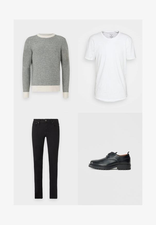 Grå og creme stribet sweater med ribbet rund hals og manchetter. Fremstillet af struktureret stof, med en tætsiddende design og lange ærmer.; Hvid kortærmet T-shirt lavet af bomuld med en klassisk rund halsudskæring. Har en let buet kant og minimale syninger.; Sorte slim-fit jeans med fem lommer, knaplukning og bælteklips, vist fladt på en hvid baggrund.; Sorte læder derby-sko med en glat overflade, rund tå, snøre-design og en tyk, robust gummisål.