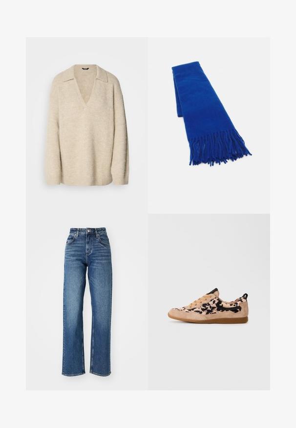 Beige strikket sweater med V-hals og krave, med afslappede ærmer og ribbede manchetter. Blød tekstur med en let fuzzy finish.; Højtaljede, brede jeans lavet af blåt denim. Har fem lommer, en knaplukning og let stræk på stoffet.; Lave sneakers med beige ruskindsdetaljer, sort og beige prikket stof, brune snørebånd, og en gummirude på en hvid baggrund.; Blå vævet tørklæde med frynser i enderne, glat struktur, rektangulær form og en ensartet farve hele vejen igennem. Velegnet til koldt vejr.