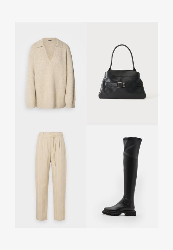 Beige strikket sweater med V-hals og krave, med afslappede ærmer og ribbede manchetter. Blød tekstur med en let fuzzy finish.; Beige stribede bukser med en afslappet pasform, der har en indsnævret talje, knaplukning og bælte med slipseanordning, lavet af letvægtsstof.; Sorte over-knæ støvler i glat syntetisk materiale, chunky sål og rund tå. Har et sømløst design og en høj, fleksibel skaft.; Sort læderhåndtaske med enkelt skulderrem og et dekorativt bælte med en sølvspænde på forsiden.