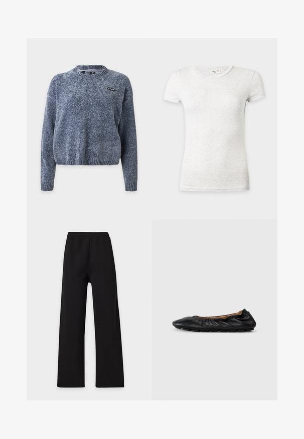 Blågrå strikket langærmet sweater med ribstrikkede manchetter og kant, med et lille sort og hvidt Volcom-logo på venstre bryst.; Simpel lysegrå tætsiddende T-shirt med korte ærmer og rund halsudskæring på en neutral baggrund.; Sorte vidde bukser med elastik i taljen, vist fladt mod en ensfarvet lys baggrund.; Sort læder balletflade med samlet detaljering ved kraven, rund tå og fleksibel gummisål. Glat tekstur hele vejen igennem.