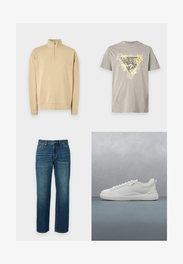 Sudadera beige con cuello alto y cierre de media cremallera. Presenta puños y dobladillo de canalé, con un sutil logo en el pecho. Textura suave.; Camiseta de algodón gris con un gráfico triangular que incluye la palabra "GUESS" y detalles florales en amarillo. Cuello redondo, mangas cortas y corte estándar.; Jeans de denim en azul oscuro con corte recto, que cuentan con cinco bolsillos, trabillas para el cinturón y un ligero desgastado en los muslos.; Zapatilla blanca con un acabado de cuero liso, punta redonda, cuatro ojales, perforaciones sutiles y un detalle de logo rojo en el lateral.