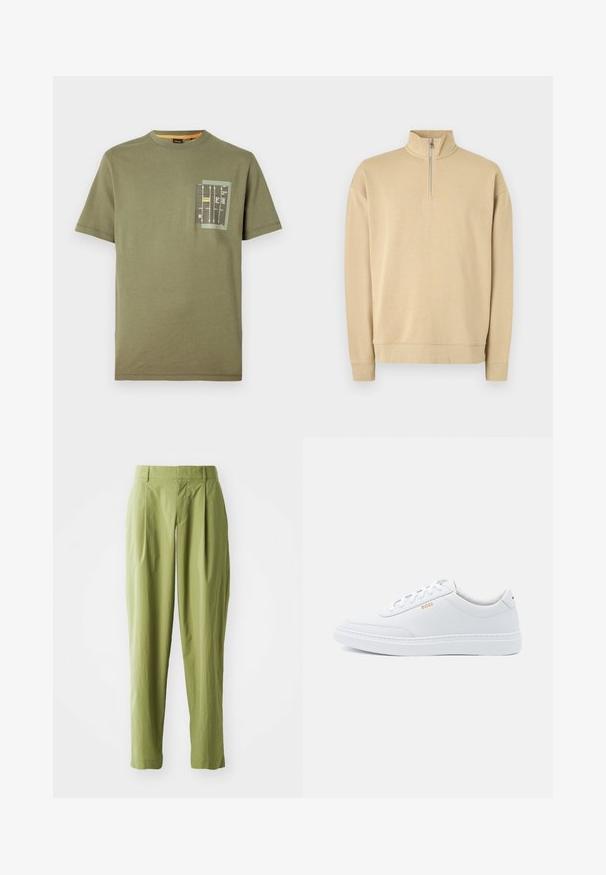 Sweatshirt beige avec un col montant et une fermeture éclair mi-haute. Doté de poignets et d'un ourlet côtelés, avec un logo subtil sur la poitrine. Texture lisse.; T-shirt en coton vert olive avec un col rond et des manches courtes. Présente une poche avec un imprimé graphique en noir, jaune et blanc.; Pantalons vert clair en tissu texturé, présentant une coupe droite, des plis à l'avant et une taille standard.; Baskets blanches en cuir avec une texture lisse, bout rond et coutures tonales. Possède des lacets bleus et un logo doré sur le côté.
