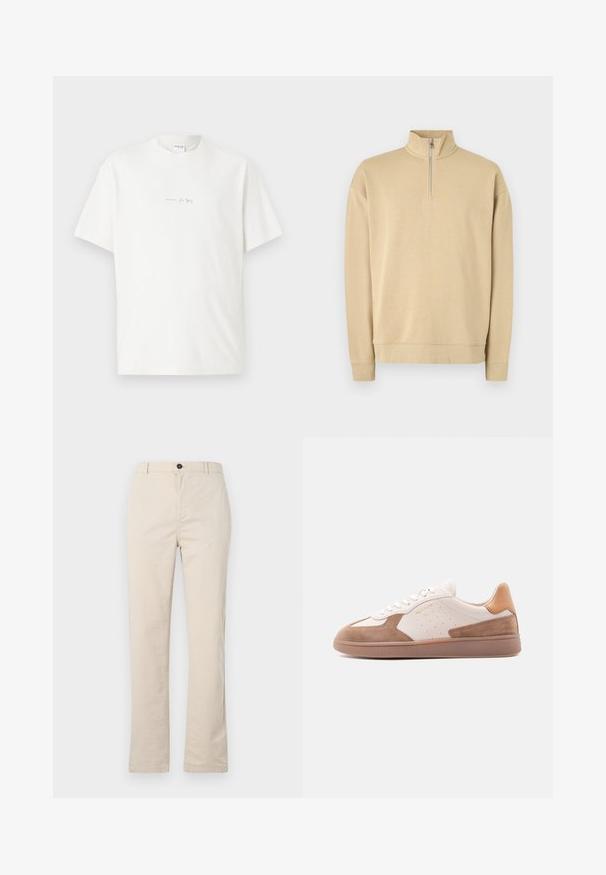 Beige Sweatshirt mit hohem Kragen und halbem Reißverschluss. Verfügt über gerippte Bündchen und Saum sowie ein dezentes Logo auf der Brust. Glatte Textur.; Weißes Baumwoll-T-Shirt mit Rundhalsausschnitt, kurzen Ärmeln und einem kleinen Logo-Aufdruck auf der Vorderseite. Glatte Textur und lässige Passform.; Helle beige Baumwollhose mit geradem Bein, vorn mit Knopfverschluss, Reißverschluss und minimalen Nähten.; Weißer und beige farbener Sneaker mit niedrigem Schaft, Wildleder-Akzenten, perforierten Seiten, weißen Schnürsenkeln und einer strukturierten Gummisohle, seitlich auf weißem Hintergrund dargestellt.