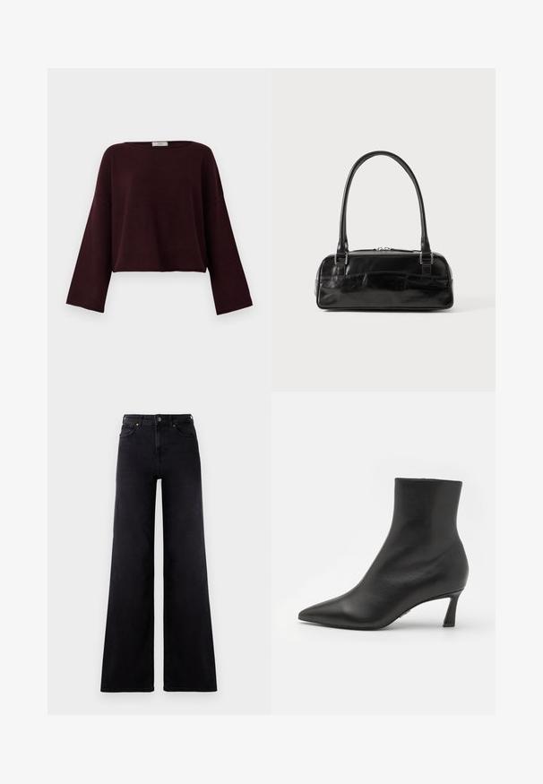 Mørk burgunder langærmet strikket sweater med brede ærmer og en let cropped, boxy pasform på en enkel hvid baggrund.; Højtaljede sorte wide-leg jeans med frontlommer, bælteløkker og knappelukning.; Steve Madden LULAH - Ankelstøvler - black; Sort læderhåndtaske med rektangulær form, der har et enkelt struktureret håndtag, sølvhardware og lynlås-lukning. Glat tekstur.