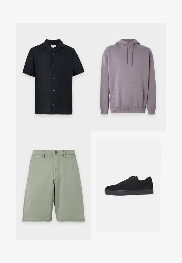 Sweat à capuche gris en tissu doux, avec une poche kangourou, des poignets côtelés et un cordon de serrage à la capuche.; Chemise noire à manches courtes avec col, cinq boutons visibles et ourlet droit, présentée sur un fond blanc.; Shorts vert clair longueur genou avec fermeture à bouton et fermeture éclair, passants pour ceinture, et poches latérales, présentés sur un fond uni.; Baskets basses noires avec fermeture à lacets à l'avant et semelle en caoutchouc plate, vues de profil sur fond blanc.