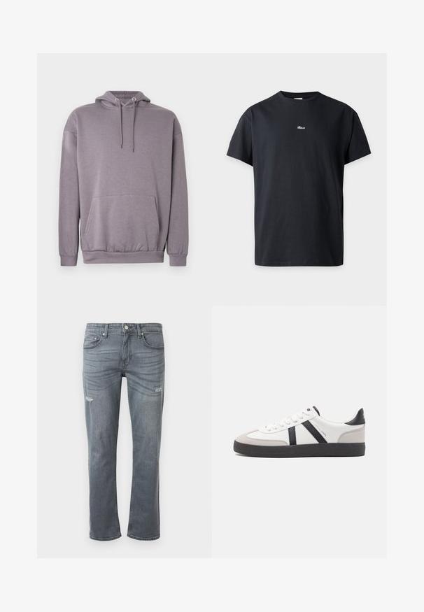 Grijze capuchontrui van zachte stof, met een kangoeroezak, geribbelde manchetten en een trekkoord bij de capuchon.; Zwarte T-shirt met korte mouwen en ronde hals met klein wit "Bluvie" logo in het midden van de borst, getoond op een effen lichte achtergrond.; Grijze denim jeans met een rechte pijpdesign, lichte slijtage bij de knieën en traditionele vijf-pocket stijl. Knopsluiting bij de taille.; Witte sneaker met zwarte en grijze accenten, voorzien van een grijze neus met textuur, zwarte rubberen zool en platte witte veters. Schoon ontwerp, minimalistische stijl.