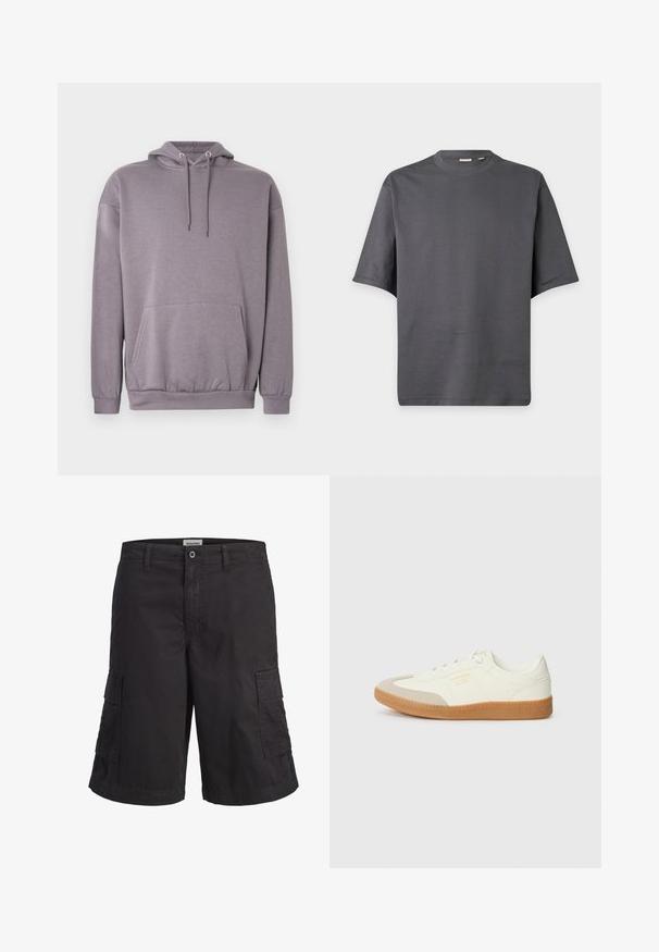 Sweat à capuche gris en tissu doux, avec une poche kangourou, des poignets côtelés et un cordon de serrage à la capuche.; T-shirt gris foncé manches courtes à col rond, design simple et texture de tissu lisse.; Short cargo noir avec passants de ceinture, fermeture à bouton et zip, et deux grandes poches latérales, présenté sur un fond blanc.; Baskets en cuir blanc avec une coque beige et une semelle en caoutchouc marron clair. Dotées de lacets blancs plats et d'un logo embossé sur le côté.