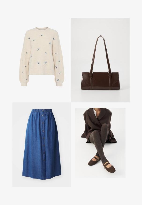Pull beige avec une texture côtelée, orné de broderies florales bleues. Encolure ronde et manches longues amples.; Jupe en denim avec une taille élastique, en tissu bleu, pleine longueur, fermeture éclair à l'avant et texture subtile. Pas de motifs ou d'accents visibles.; Des chaussettes marron côtelées jusqu'aux genoux associées à des ballerines en daim marron de type Mary Jane avec une sangle décorative et une boucle, portées avec un manteau sombre.; Sac à main en cuir verni marron de forme rectangulaire, avec deux longues poignées et des accents courbés subtils à l'avant.