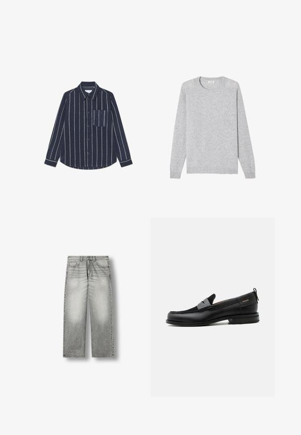 Pull gris clair à manches longues avec col rond, poignets et ourlet côtelés, présenté à plat sur un fond blanc.; Chemise bleu marine à boutons, avec des rayures blanches verticales, manches longues, col et poche sur la poitrine gauche. Texture douce avec un tissu de poids moyen.; Jean en denim gris délavé droit avec poches avant, passants de ceinture et fermeture par bouton sur fond blanc.; Mocassin en cuir noir avec détail de bride grise, talon bas et semelle texturée, marqué "HUGO" en or sur le côté.