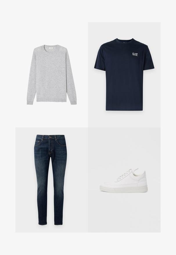 Pull gris clair à manches longues avec col rond, poignets et ourlet côtelés, présenté à plat sur un fond blanc.; T-shirt en coton bleu marine à manches courtes, col rond, avec le logo EA7 en blanc sur le côté supérieur gauche. Texture lisse, design décontracté.; Jean skinny en denim bleu foncé avec une texture délavée, design à cinq poches, fermeture à bouton en métal et détails de surpiqûres contrastants.; Baskets en cuir blanc avec un embout arrondi, une semelle plate et un laçage à l'avant. Présentent des détails de couture et un col rembourré pour plus de confort.