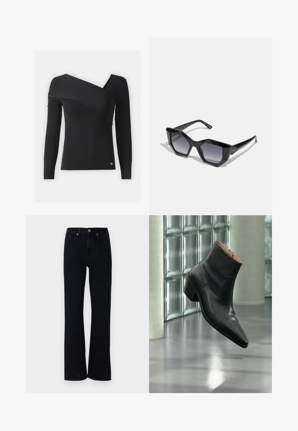 Sort ribbet langærmet top med et asymmetrisk design, bredt halsudskæring og en enkelt skulderrem. Guld logo detalje ved kanten.; Sorte denim jeans med en flagrende ben-design. Har to frontlommer, en lille blå detalje og en standard knaplukning.; Sort læderankelstøvle med spids tå og blokhæl, der svæver over en reflekterende grå gulv nær en væg af glasblokke.; Guess Solbriller - shiny black