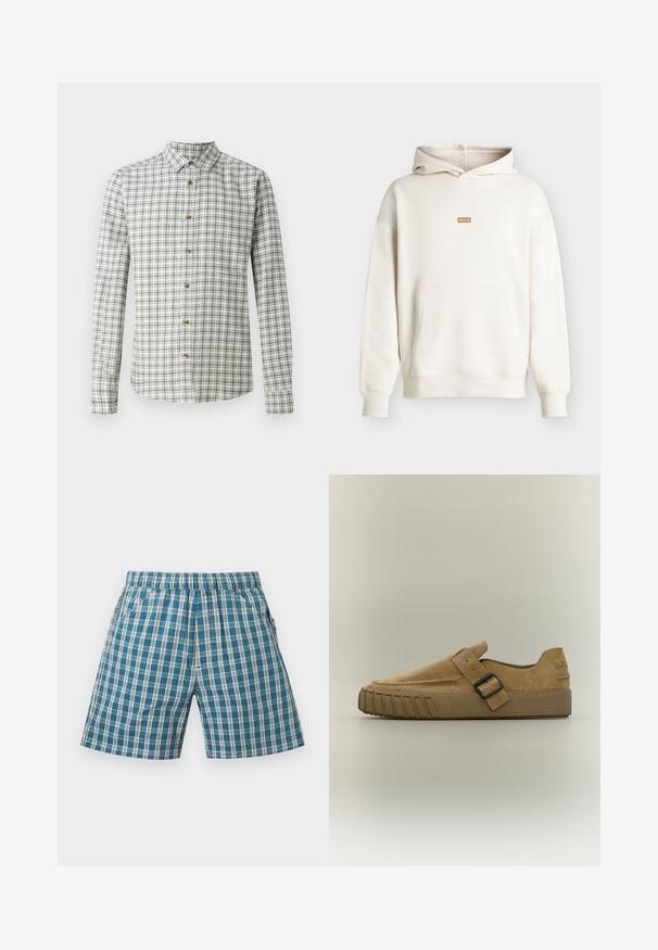 Off-white Hoodie mit Front-Kängurutasche und kleinem braunem rechteckigem Aufnäher mit der Aufschrift „HUGO“ auf der Brust, dargestellt vor neutralem Hintergrund.; Langärmliges kariertes Hemd in Weiß und Marineblau, mit einem Knopfkragen und Holzknöpfen, ganz in einem karierten Muster.; Blau-weiße karierte Shorts mit elastischem Bund und vorderen Taschen, flach auf einem schlichten hellen Hintergrund gelegt.; Hellbrauner Veloursleder-Slipper mit dicker Gummisohle und schwarzem Riemen mit Schnalle über dem Spann, Seitenansicht auf einfarbigem Hintergrund.