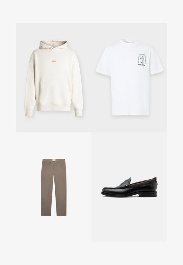 Off-white hættetrøje med forreste kængurulomme og lille brun rektangulær lap med teksten "HUGO" på brystet, vist på neutral baggrund.; Hvid bomulds T-shirt med korte ærmer, rund halsudskæring og et grønt grafisk print med en tennisspiller og tekst på venstre bryst.; Brune bukser med lige snit, der har forlommer og accentuerende syninger langs siderne for ekstra detaljer og tekstur.; Sort læder herre loafer med moc-tå syning, penny strop, struktureret krave og lav stablet hæl på hvid baggrund.
