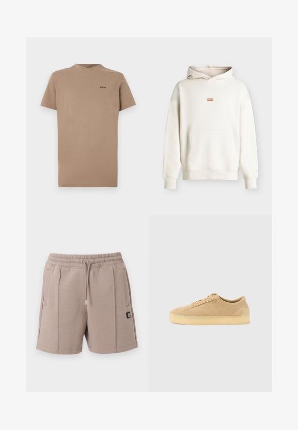 Sweat à capuche écru avec poche kangourou à l’avant et petite étiquette rectangulaire marron indiquant « HUGO » sur la poitrine, présenté sur fond neutre.; T-shirt beige à manches courtes en coton doux, doté d'un col rond et d'un discret logo noir "BOSS" sur la poitrine gauche.; Short beige avec cordon de serrage, taille élastique, poches latérales, détails de couture à l'avant et petit patch logo noir sur la jambe gauche.; Baskets basses en daim beige avec semelle épaisse en gomme, fermeture à lacets à l'avant, et logo discret sur le côté, sur un fond uni gris clair.