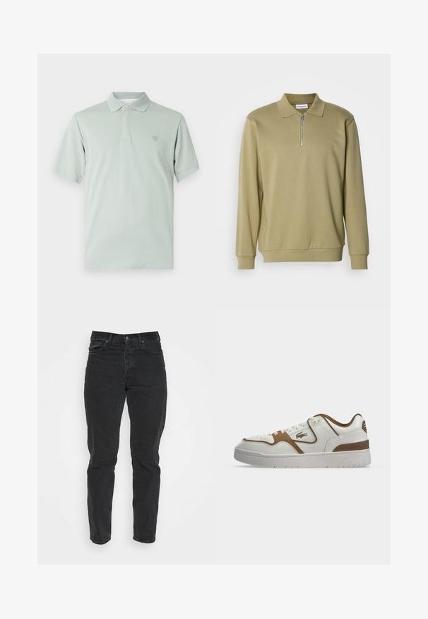 Khaki langærmet polo skjorte med lynlåse ved halsen, lavet af blødt stof, med klassisk krave og ribbede manchetter.; Lys grøn polo skjorte med tekstureret krave, kortærmede og broderet emblem på venstre bryst. Blød stoffinish.; Sorte denimjeans med lige pasform, fem lommer, frontlukning med knap og kontrastsyninger. Glat tekstur med let slid synligt.; Hvid og brun lavtop sneaker med snørebånd foran, Lacoste krokodillelogo på siden og tyk hvid sål med indpræget mærkenavn.