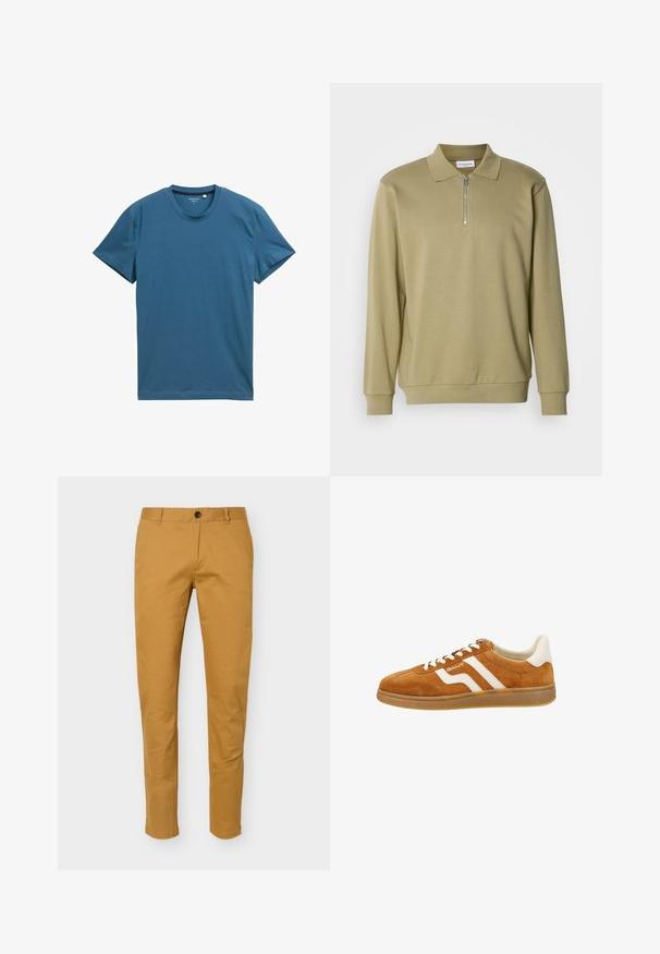 Kaki longsleeve polohemd met een ritskraag, gemaakt van zachte stof, met een klassieke kraag en geribbelde manchetten.; Korte mouw t-shirt in diep teal, gemaakt van zachte katoen. Heeft een ronde halslijn en een gladde, gelijkmatige textuur met eenvoudige stikdetails.; Slim-fit heren chino's in mosterdgeel met riemlussen, voorste knoop en ritssluiting, weergegeven tegen een effen achtergrond.; Bruine suède sneakers met witte lederen accenten, voorzien van een laag profiel, ronde neus en contrasterende strepen aan de zijkant. Vetersluiting.