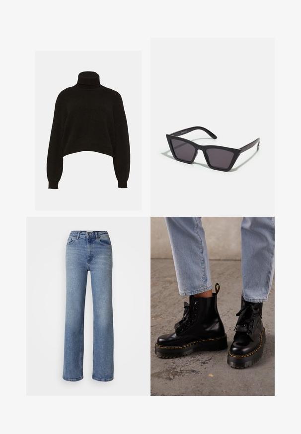 Zwarte, cropped coltrui met een textuurgebreide afwerking en lange mouwen. Beschikt over een aansluitende kraag en geribde manchetten.; Lichtblauwe wijde jeans gemaakt van denim, met verspreide witte versieringen, een hoge taille en een standaard vijf-pocket ontwerp.; Persoon draagt lichtblauwe spijkerbroek en zwarte leren veterplatformlaarzen met gele stiksels op een betonnen vloer.; Zwarte, hoekige zonnebril met grijze lenzen; gemaakt van plastic, met dikke armen met een gladde oppervlakte en zonder zichtbare hardware.