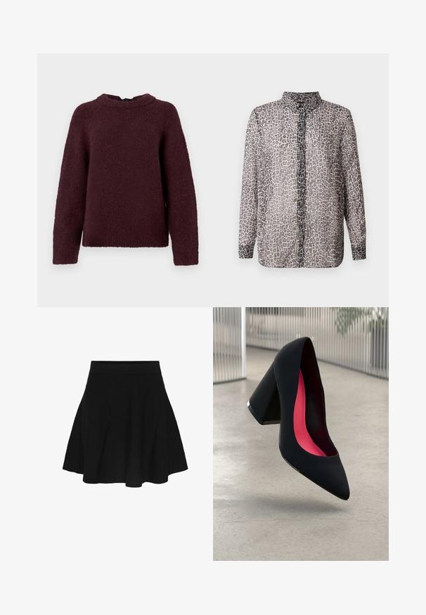 Langærmet strikket sweater i mørk burgundy med rund halsudskæring og ribbede manchetter og kant.; Transparent langærmet bluse i lysegrå med sort leopardprint. Har krave og knaplukning foran. Blød, gennemsigtig tekstur.; Sort A-line nederdel med tilpasset linning, der bredder sig blidt mod kanten, vist på en ens hvid baggrund.; Sort højhælet sko med spids snude og tekstureret overdel. Indvendigt indeholder den lyserød foer. Kvadratisk hæl med metalaccent ved bunden.