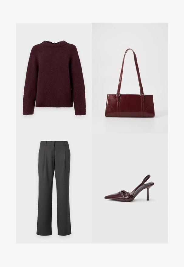 Pull en tricot à manches longues de couleur bordeaux foncé avec un col rond et des bords côtelés.; Pantalons formels gris foncé avec des jambes droites, des passants de ceinture et des plis avant, présentés sur un fond blanc.; Escarpin slingback en cuir verni bordeaux avec bout pointu, fine bride à la cheville et petit détail décoratif de boucle. Texture lisse et talon haut.; Sac à main bordeaux en matériau brillant, de forme rectangulaire, avec deux anses et des accents légèrement courbés à l'avant.
