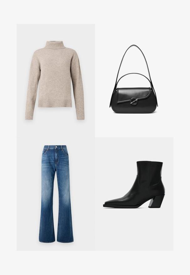 Beiger Rollkragenpullover aus weichem Strickstoff, mit geripptem Kragen und Bündchen, in lockerer Passform und mit glatter Textur.; Ausgestellte blaue Jeans aus Denim mit ausgewaschenem Look, fünf Taschen, Gürtelschlaufen und Knopfverschluss vorne. Glatte Textur und klassischer Schnitt.; Schwarze Leder-Stiefelette mit spitzem Zeh, schlanker Silhouette und klobigem quadratischem Absatz. Glatte Textur mit minimalen Nähdetails.; Schwarze Lederschultertasche mit einer geschwungenen Klappe, die durch einen runden Metallverschluss gesichert ist, und einem schlanken, verstellbaren Riemen.