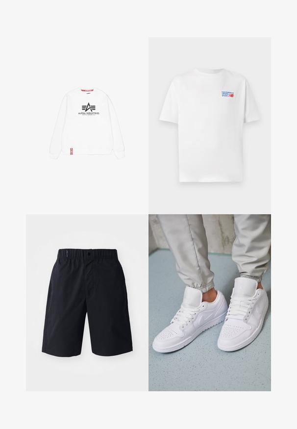 Weißes Sweatshirt mit langen Ärmeln, ausgestattet mit einem schwarzen "Alpha Industries"-Logo und drei gestreiften Akzenten in der Mitte. Rotes Etikett am Saum.; Weißes Baumwoll-T-Shirt mit kurzen Ärmeln, ausgestattet mit einem blauen und roten Logo auf der linken Brustseite. Klassischer Rundhalsausschnitt, lockere Passform, glatte Textur.; Schwarze Shorts aus leichtem Material, mit flachem Frontdesign, elastischem Bund und seitlichen Taschen. Einfaches Design ohne Muster.; Weiße Ledersneaker mit perforierter Zehenbox, flachen Schnürsenkeln, gepolstertem Kragen und dem Jordan-Logo auf der Zunge. Getragen mit grauen Jogginghosen.