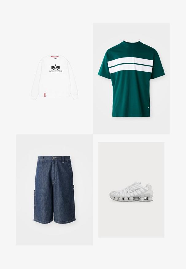 Biely sveter s dlhými rukávmi, ktorý má čierne logo "Alpha Industries" a tri pruhované akcenty v strede. Červená nášivka na spodnom okraji.; Tyrkysové bavlnené tričko s okrúhlym výstrihom, krátkymi rukávmi a horizontálnymi bielymi pruhmi cez hruď. Trochu uvoľnený strih.; Tmavomodré džínsy s priamym strihom, piatimi vreckami a viditeľným prešívaním. Obsahujú zapínanie na gombík a pútka na opasok.; Biela športová obuv s unikátnou podrážkou pripomínajúcou pružinu a strieborným logom Nike swoosh na boku, zobrazená z vonkajšej strany.