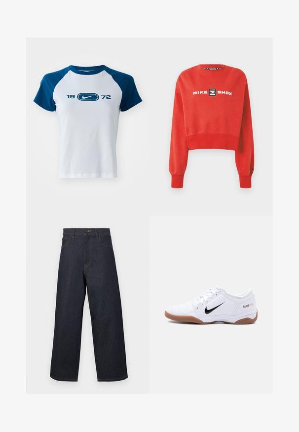 Červená krátka mikina z mäkkého materiálu, s čiernym logom Nike Shox na prednej strane a rebrovanými manžetami pre pohodlné priliehanie.; Biele bavlnené tričko s modrými raglánovými rukávmi, s centrálnym logom a nápisom "1972" vytlačeným pod ním v modrej farbe. Krátke rukávy a okrúhly výstrih.; Tmavomodré džínsy s širokými nohavicami, s prednými gombíkmi a vreckami, zobrazené na jednoduchom bielom pozadí.; Biela vnútorná futbalová topánka Nike Total 90 III s čiernym logom Swoosh a gumovou podrážkou, zobrazená z boku na jednoduchom pozadí.