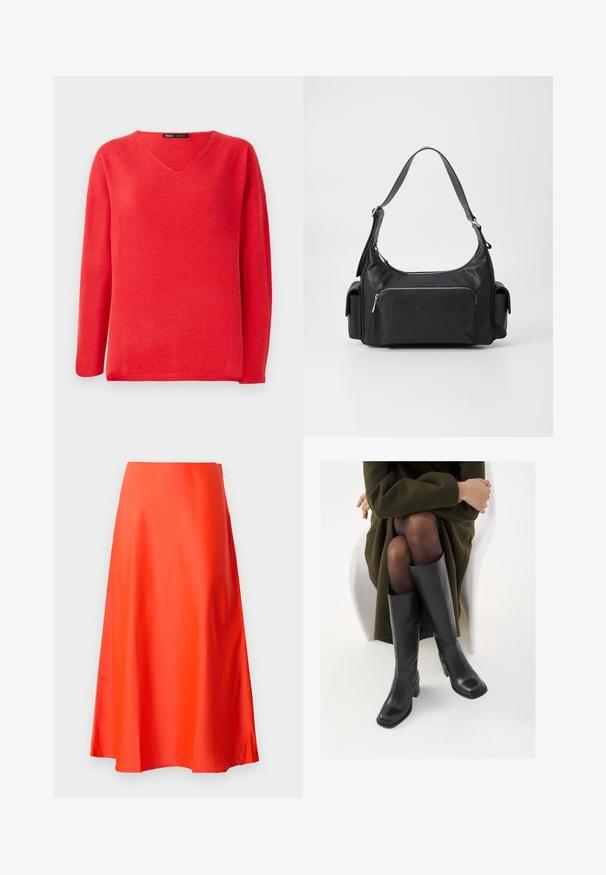 Rød langærmet V-hals sweater med afslappet pasform og et "ONLY" mærke syet ind i kraven.; Rød satin midi-nederdel med en glat tekstur, A-line silhuet og en subtil flare ved kanten. Ingen synlige mønstre eller pynt.; Knæhøje sorte læder støvler med firkantet tå og blokhæl, vist med en model siddende i en olivengrøn frakke. Glat tekstur, minimal detaljer.; Sort læder skuldertaske med en rund form, lynlåslomme foran og to sidelommer. Har en enkelt justerbar skulderrem.