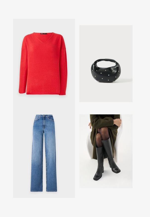 Roter Langarm-V-Ausschnitt-Pullover mit entspannter Passform und einem "ONLY"-Markenlabel im Kragen.; Helleblaue, weit geschnittene Jeans aus Denim mit hoher Taille, Vorderaschen und einem normalen Knopfverschluss. Glatte Textur.; Knöchelhöhe schwarze Lederstiefel mit quadrater Spitze und Blockabsatz, gezeigt mit einem Modell, das einen olivgrünen Mantel trägt. Glatte Textur, minimale Details.; Schwarze Lederhandtasche mit abgerundeter Form, verziert mit silbernen Nietenakzenten und kurzem Griff. Glatte Struktur und Reißverschlussverschluss.