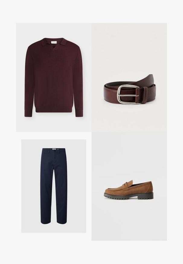 Pull bordeaux foncé à manches longues avec petit col et encolure en V, présenté sur un fond gris clair uni.; Pantalon bleu marine à jambes droites avec fermeture bouton et zip, passants pour ceinture et poches latérales sur fond uni.; Mocassins en daim marron avec un bout arrondi et une semelle noire en caoutchouc basse, présentant une sangle décorative et des détails de couture sur le dessus.; Ceinture en cuir marron avec une finition texturée, dotée d'une boucle en métal argenté et d'une seule boucle de réglage. Motif tissé près de la boucle.