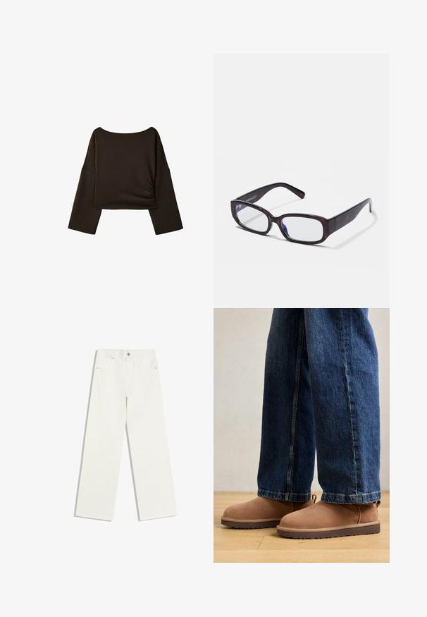 Sort kortærmet top med lange ærmer, brede ærmer og en let rynket detalje på den ene side, mod en hvid baggrund.; Hvide jeans med højt liv og lige ben, med forlommer og knaplukning på hvid baggrund.; Brune ruskinds ankelstøvler med flad sål, rund tå og en lille træktab, parret med blå denimjeans med lige skæring.; Brune skildpadde-rektangulære briller med klare linser og slanke arme, der viser en glat tekstur og minimalistisk design.
