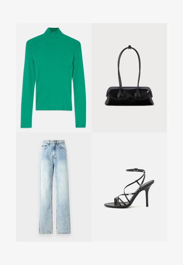 Grøn rullekravebluse lavet af ribbet strikstof, med lange ærmer og subtile detaljer i sidesømmen for et slankt, tætsiddende udseende.; Lysblå denim wide-leg jeans med høj talje, med slidte områder, kontrastsyninger og rå kanter ved kanten.; Sort højhælet sandal med tynde stropper, en ankelspænde, en glat læderoverflade og en slank stilethæl.; Sort læderhåndtaske med to forlængede håndtag, en glat tekstur og en rund bund med dekorative detaljer på siderne.