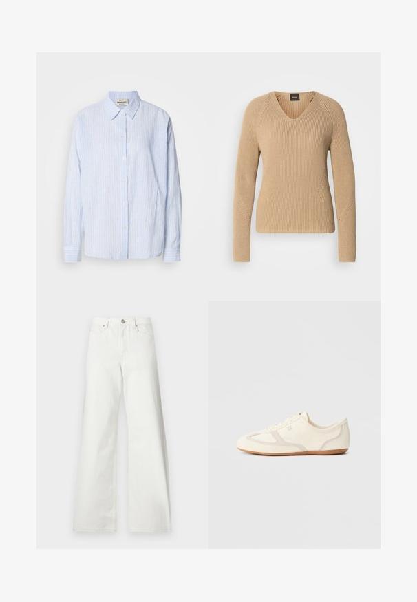 Beige strikket sweater med V-hals, lange ærmer og struktureret ribstrikket design med diagonale syningsdetaljer på skuldrene.; Lyseblå stribet button-up skjorte med klassisk krave, lange ærmer og en afslappet pasform, med smalle vertikale striber i kontrasterende farver.; Hvide jeans med høj talje og vide ben med knaplukning foran, bæltestropper og forlommer på ensfarvet baggrund.; Sneakers i cremefarve med overdel i ruskind og stof, rundet tå og gummisål med beige detaljer. Snørelukning.