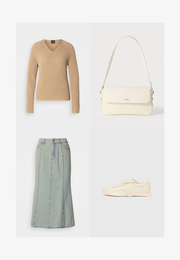 Beige gebreide trui met een V-hals, lange mouwen en een geribbelde textuur met diagonale stikdetails op de schouders.; Lichtblauwe denim midi-rok met voorknoop, ritssluiting, riemlussen en verticale naaddetails.; Low-profile sneaker in crèmekleur met golvende stiksels, vetersluiting en een geribbelde zool, zijaanzicht tegen een effen achtergrond.; Schoudertas van crèmegekleurd leer met een klepafsluiting, zilverkleurige hardware, een enkele verstelbare riem en subtiele logodetails.