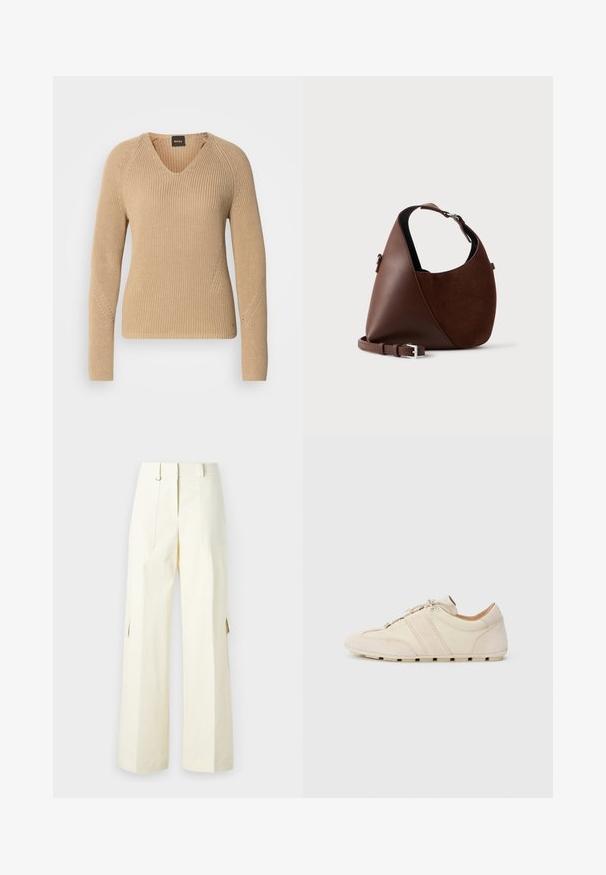 Pull beige en maille avec col en V, manches longues et design côtelé texturé avec détails de surpiqûres diagonales sur les épaules.; Pantalons cargo à jambes larges en tissu crème clair, dotés de poches à rabat, d'une taille haute et de fentes latérales pour un détail et une fonctionnalité supplémentaires.; Baskets avec une tige en cuir crème et daim, présentant deux bandes horizontales beiges et une semelle en caoutchouc, design à bout arrondi, fermeture à lacets.; Sac à épaule en cuir et daim marron avec une forme arrondie, une sangle réglable et un détail de boucle argentée sur un fond clair uni.