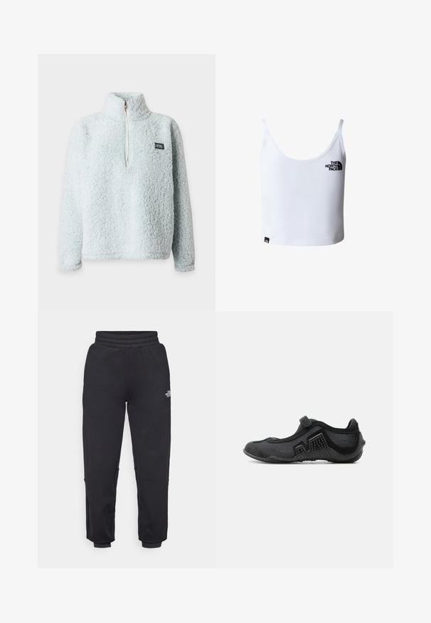 Ανοιχτό μπλε sherpa fleece πουλόβερ με μακριά μανίκια, μπροστινό μισό φερμουάρ, ψηλό γιακά και μικρό ορθογώνιο λογότυπο Rip Curl στο στήθος.; Λευκή κροπ τοπ με λεπτές τιράντες, με το λογότυπο The North Face σε μαύρο στο στήθος και κοντά στο κάτω τελείωμα.; The North Face W MOUNTAIN ATHLETICS - Παντελόνι φόρμας - black; Μαύρο εύκαμπτο μινιμαλιστικό παπούτσι με υφή στη σόλα και ρυθμιζόμενο λουράκι, σχεδιασμένο για περπάτημα με γυμνό πόδι ή δραστηριότητες στο νερό.