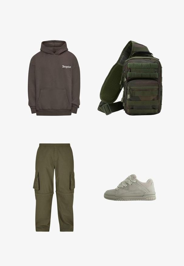Bruine hoodie met een kangoeroezak, voorzien van een witte geborduurde "Dropsize"-logo op de linkerborst. Gemaakt van zachte, textuurstof.; Olijfgroene cargobroek gemaakt van lichtgewicht stof, met meerdere zijzakken, een elastische tailleband en een recht gesneden ontwerp.; Laag model grijze sneaker met dikke, gestructureerde veters, gevoerde kraag, gestikte panelen en een geribbeld rubberen zool voor grip.; Groene camouflage schoudertas met meerdere ritszakken, een verstelbare schouderband en een mesh achterpaneel voor ventilatie.