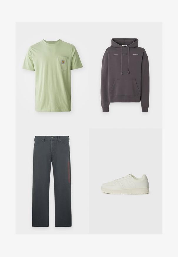 Mørkegrå hættetrøje med forlompe, snoretræk i hætten og hvide tekstlogoer "HZW (26-27)", "HOLZWEILER" og "TABLESCAPES" på brystet.; Lysegrøn kortærmet t-shirt lavet af blødt stof, med en brystlomme der har et firkantet logo-patch. Enkel, udekoreret design.; Grå bukser lavet af bomuldsblandet materiale, med en lige pasform, forlommer og en rød broderet logo på venstre side.; Hvide sneakers med en glat læderoverflade, snørebånd, perforerede detaljer og tre diagonale striber på siden. Gummisål.