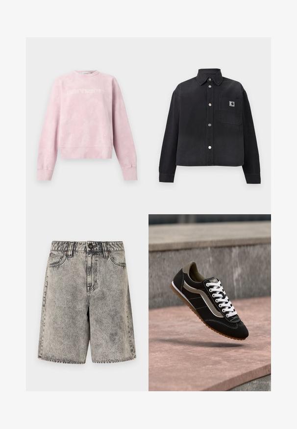 Sweat-shirt col rond rose clair avec un motif subtil de tâches blanches et un logo "Carhartt" discret sur la poitrine, présenté à plat sur fond blanc.; Veste noire à manches longues boutonnée, avec col et poche poitrine avant présentant un petit patch logo carré sur le côté droit.; Short en denim gris délavé acidulé, taille haute, avec bouton à l'avant, fermeture éclair, passants de ceinture et deux poches avant sur fond blanc.; Baskets noires et beiges avec lacets blancs et semelle en gomme, en suspension au-dessus d'une surface en pierre et d'un mur en béton gris.