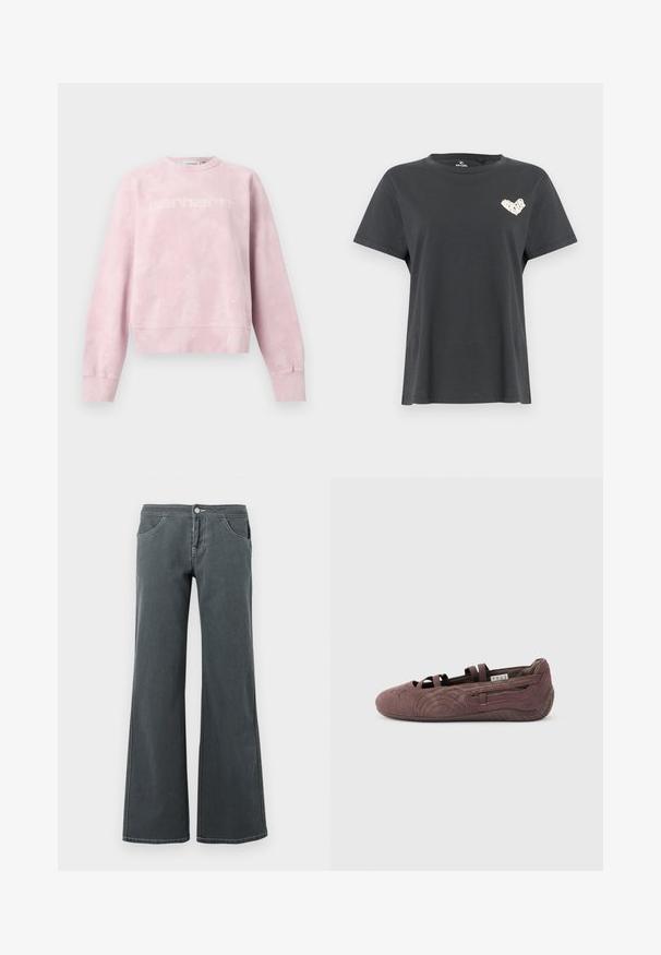 Hellrosa Sweatshirt mit Rundhalsausschnitt, subtilem weißem Sprenkelmuster und schwach sichtbarem "Carhartt"-Logo auf der Brust, flach auf weißem Hintergrund präsentiert.; Schwarzes T-Shirt mit kurzen Ärmeln und Rundhalsausschnitt, links auf der Brust mit kleinem weißem herzförmigem Design.; Ausgestellt geschnittene graue Jeans aus Denim mit glatter Textur. Zu den Merkmalen gehören ein Knopfverschluss, Gürtelschlaufen und vordere Taschen.; Brauner Ballerinaschuh aus Wildleder mit elastischen Riemen und strukturierter Sohle, in Seitenansicht vor hellem, einfarbigem Hintergrund gezeigt.