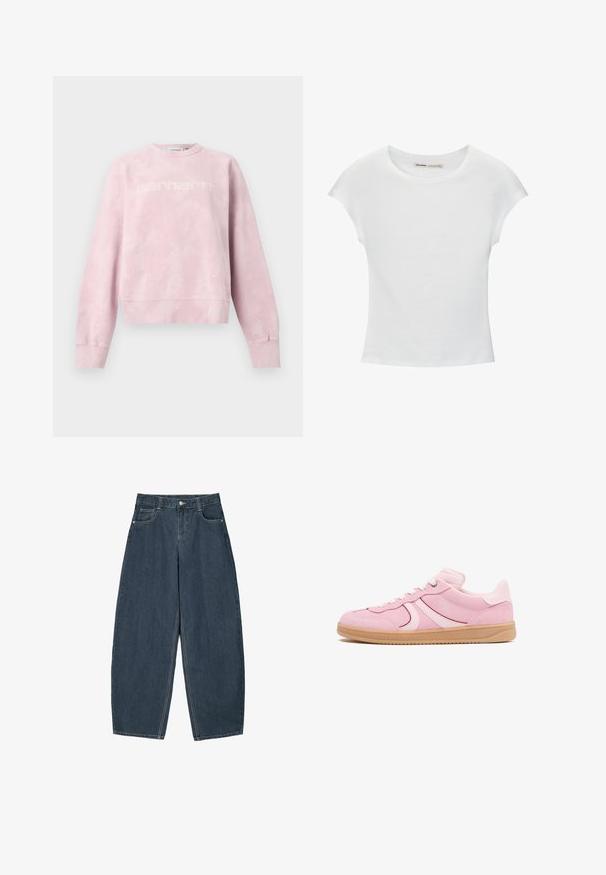 Sweat-shirt col rond rose clair avec un motif subtil de tâches blanches et un logo "Carhartt" discret sur la poitrine, présenté à plat sur fond blanc.; T-shirt en coton blanc avec manches courtes retroussées, encolure ronde et ourlet droit. Texture lisse sans motifs ni accents visibles.; Jeans en denim bleu foncé à jambes larges avec une taille haute, dotés de cinq poches et de détails de couture visibles. Design épuré et minimal.; Baskets basses en daim rose avec des rayures blanches, des lacets blancs, et une semelle en caoutchouc beige, vues de côté extérieur sur fond blanc.