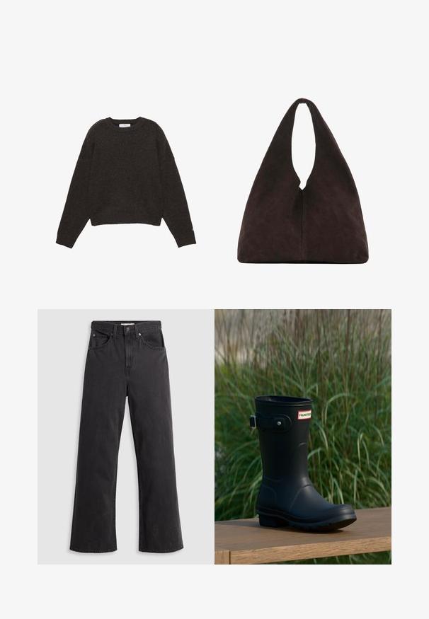 Pull gris foncé en maille avec col rond, manches longues, poignets et ourlet côtelés, posé à plat sur un fond blanc.; Jeans larges en denim noir à taille haute, avec cinq poches et une fermeture à bouton en métal. Le tissu a une texture lisse et légèrement décolorée.; Botte de pluie en caoutchouc noir avec une finition brillante, dotée d'une boucle argentée et d'un écusson de logo. La semelle est texturée pour une meilleure adhérence.; Sac à bandoulière triangulaire marron foncé doux avec une poignée large unique en haut et une texture de surface lisse.