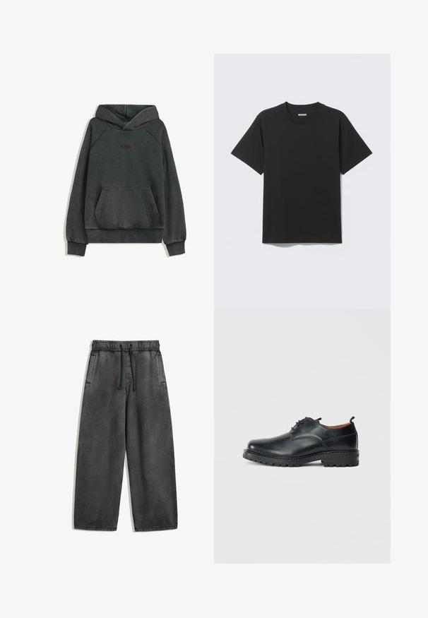 Charcoal grå hættetrøje lavet af blødt stof, med en front kangaroo-lomme og ribbede manchetter, samt diskret logo broderi på brystet.; Simpel sort kortærmet bomulds T-shirt med rund halsudskæring og mærket "WEEKDAY" indeni kraven på en lys grå baggrund.; Mørkegrå brede bukser med elastisk talje, justerbar snor og sidelommer. Materialet har en glat tekstur.; Sorte læder derby-sko med en glat overflade, rund tå, snøre-design og en tyk, robust gummisål.