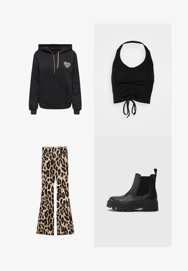 Schwarzer Hoodie mit Vordertasche, versehen mit einem herzförmigen Zebra-Muster-Emblem und metallischen Kordeln. Weicher Stoff, lässige Passform.; Even&Odd Top - black; Schlaghosen mit einem Leopardenmuster in Schwarz- und Brauntönen, gerippter Textur und hohem Taillendesign.; Schwarze Leder-Stiefelette mit elastischen Seiteneinsätzen, dickem, strukturiertem Sohlen und einer Zuglasche auf der Rückseite. Glatte Oberfläche mit einem robusten Design.