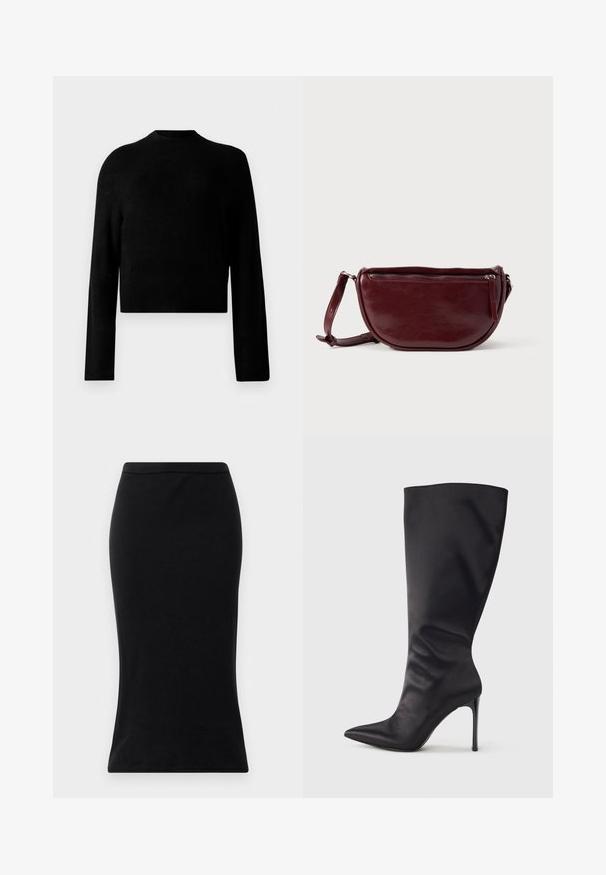 Sort cropped sweatshirt med lange ærmer, rund halsudskæring, ribbet struktur og en glat finish. Ingen synlige mønstre eller hardware detaljer.; Sorte højtaljede blyantskirt lavet af glat stof, med en tætsiddende silhuet og en ren, strømlinet kant uden dekorationer.; Sort knæhøj stiletstøvle lavet af glat, glansfuldt materiale; spids tå; tætsiddende pasform med let samling nær anklen; skinnende hæl.; Vinrød læderhåndtaske med halvmåneform, lynlås og aftagelig rem. Glat tekstur med en subtil glans.