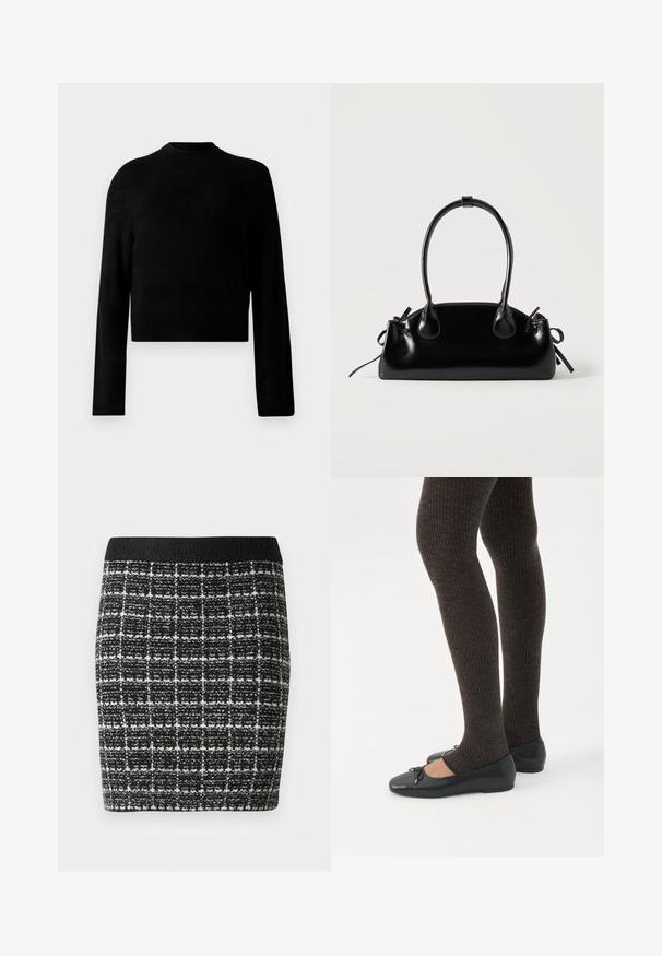 Sort cropped sweatshirt med lange ærmer, rund halsudskæring, ribbet struktur og en glat finish. Ingen synlige mønstre eller hardware detaljer.; Sort-hvid ternet nederdel med et tekstureret stof, der har en sort talje og en tætsiddende silhuet.; Ben iført mørke ribbede leggings kombineret med sorte balletsko med små sløjfedetaljer på hvid baggrund.; Lille sort blank håndtaske med to lange håndtag og snøre-detaljer i siden på en ensfarvet lys baggrund.